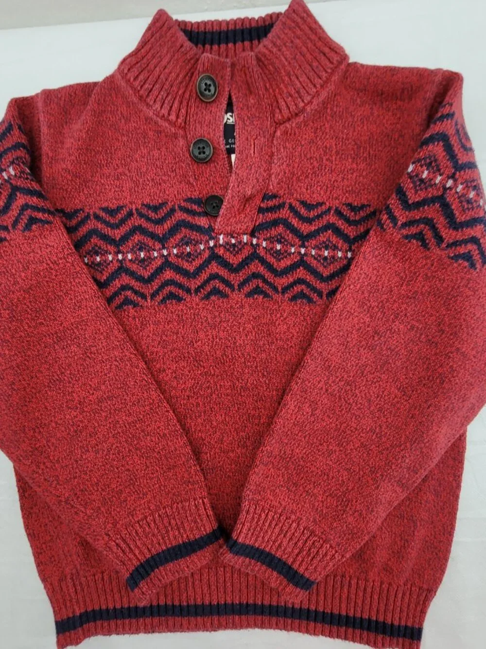 Vintage OshKosh Sweater Boys 8 Red 100% Cotton Knit Fair Isle Button Mock Neck